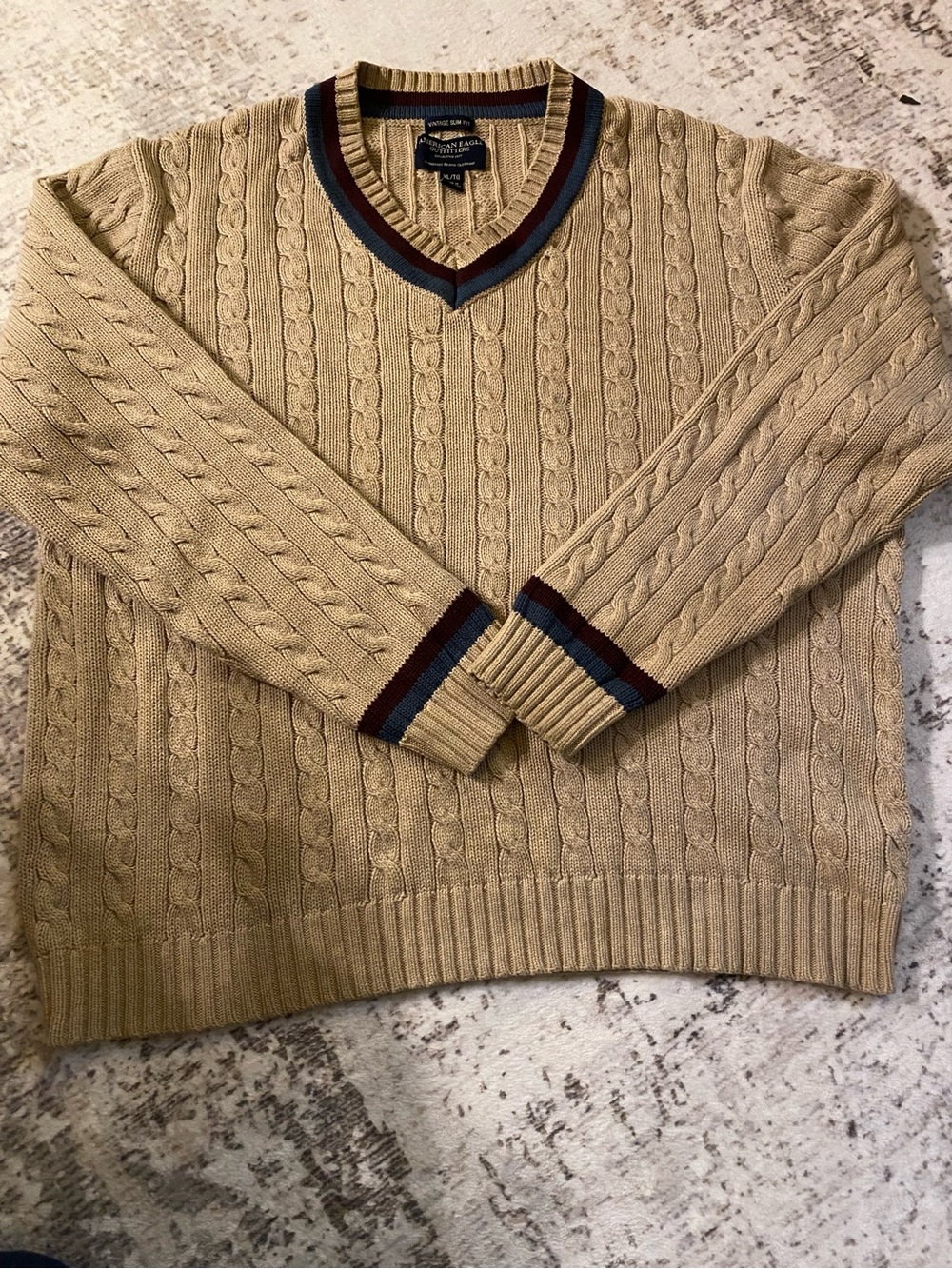 Vineyard Vines Men’s Cable Knit V-Neck Sweater - Khaki with Stripe Trim